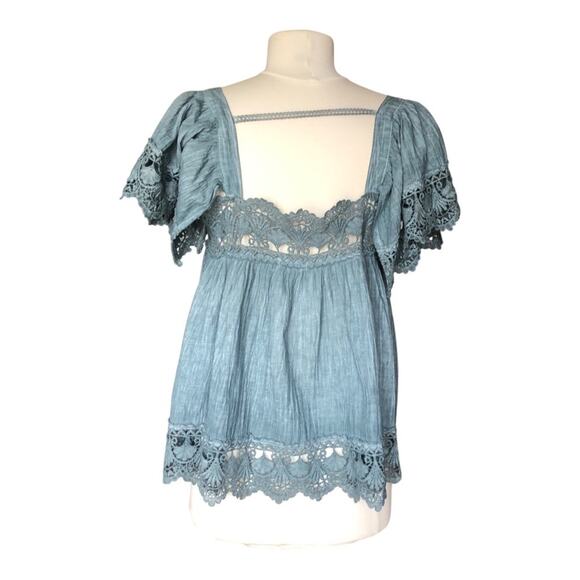 POL Square Neck Puff Sleeve Crochet Details Flowy Blouse Small NWOT - Picture 4 of 10